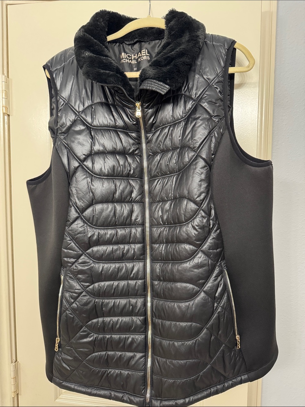 Michael Kors Black Quilted Vest with Faux-Fur Collar